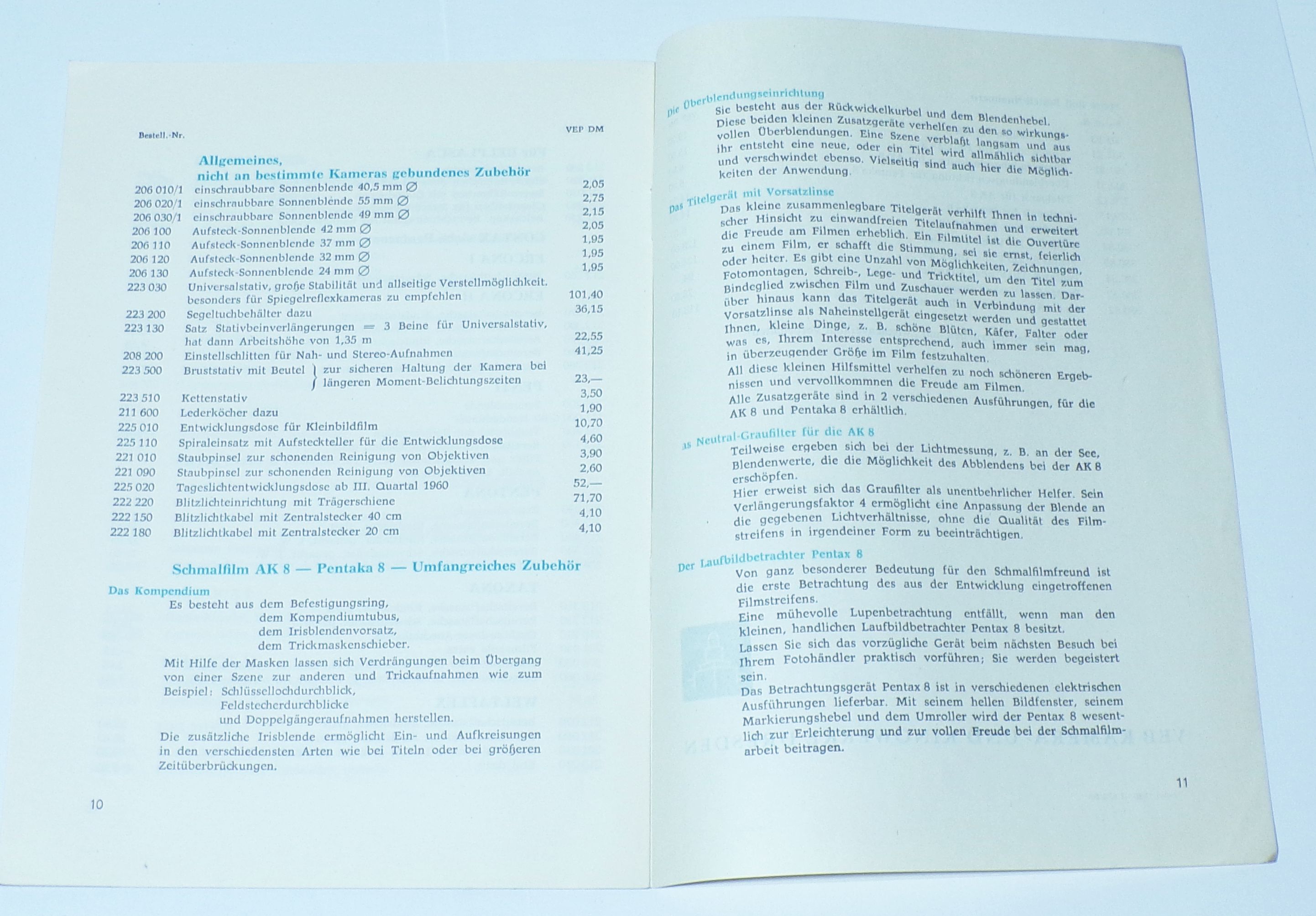 Pentacon Zubehör Prospekt VEB Kamera und Kinowerke Dresden 1960 