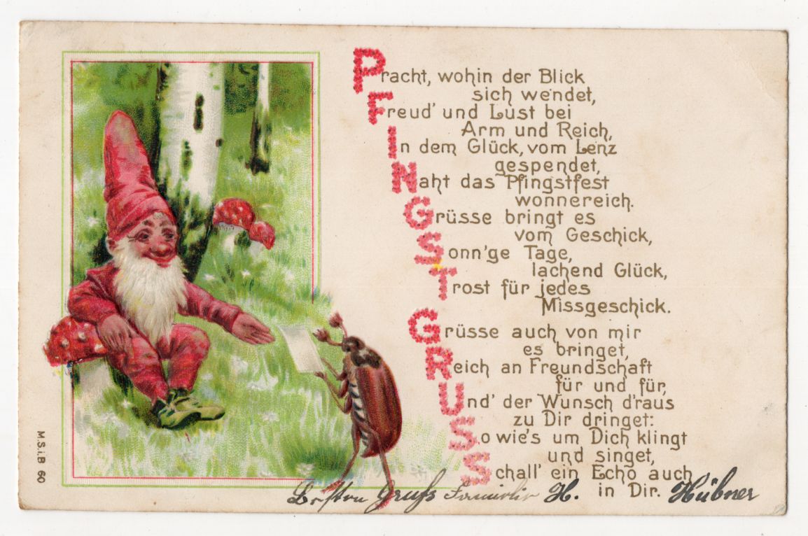 Litho Ak Wichtel mit Maikäfer Pfingsten Gruss Gnom Zwerg 