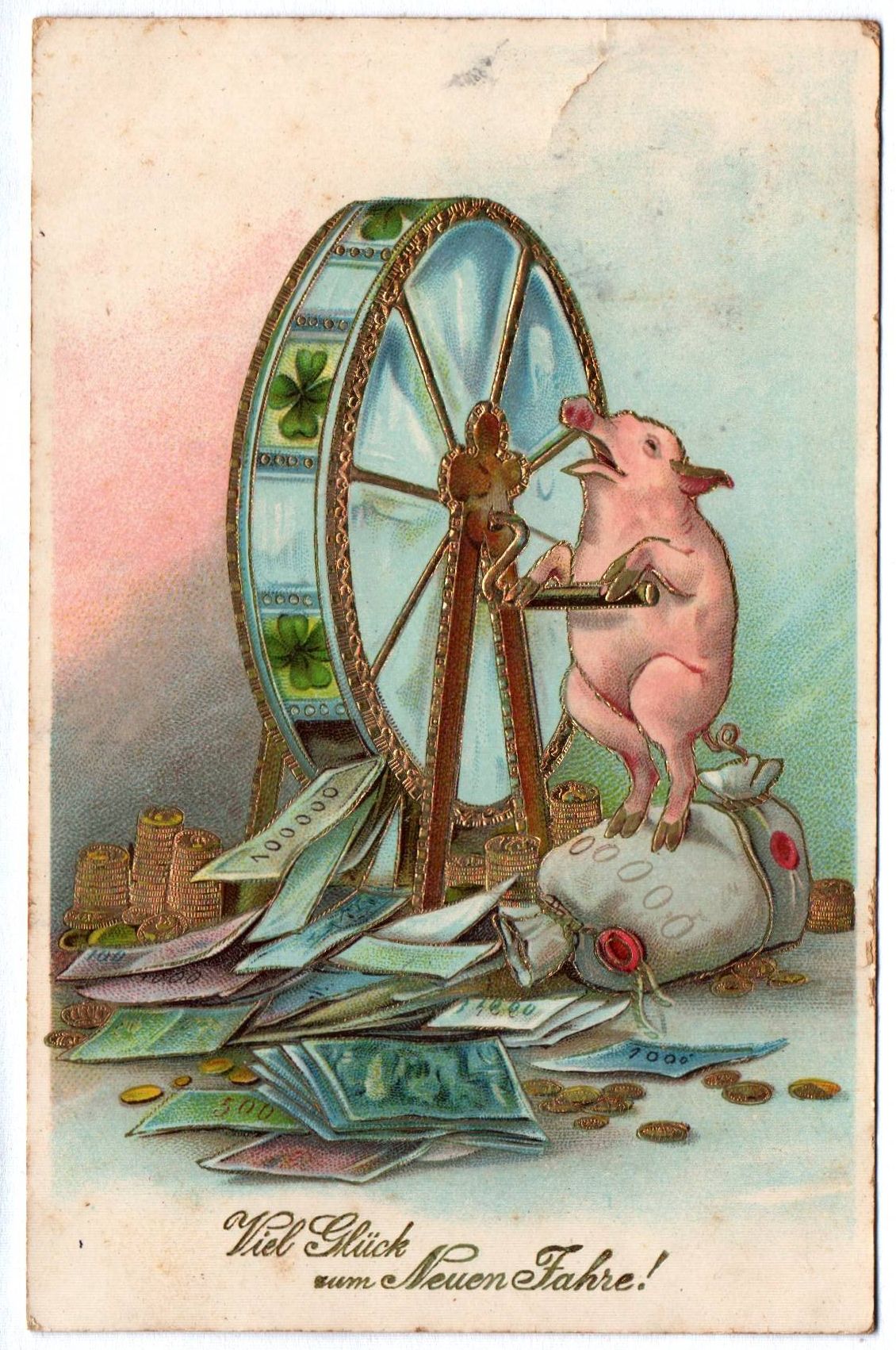 Künstler Ak Viel Glück zum Neuen Jahre 1912 Schwein dreht am Glücksrad Künstler Ak Viel Glück zum Neuen Jahre 1912 Schwein dreht am Glücksrad