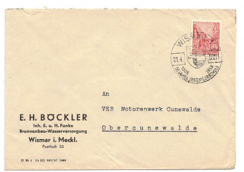 Firmen Brief Böckler Brunnenbau Wismar 1956 nach Cunewalde 