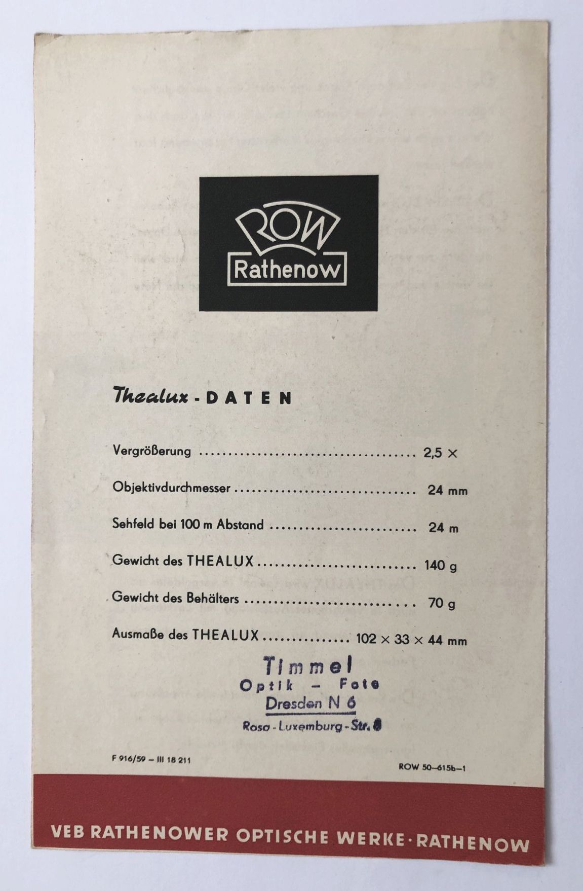 Thealux VEB Rathenower optische Werke Rathenow DDR 1959 Kamera Prospekt