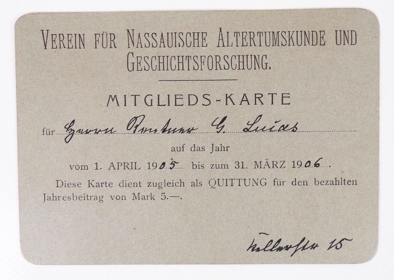 Mitgliedskarte Verein für Nassauische Altertumskunde Geschichtsforschung 1906