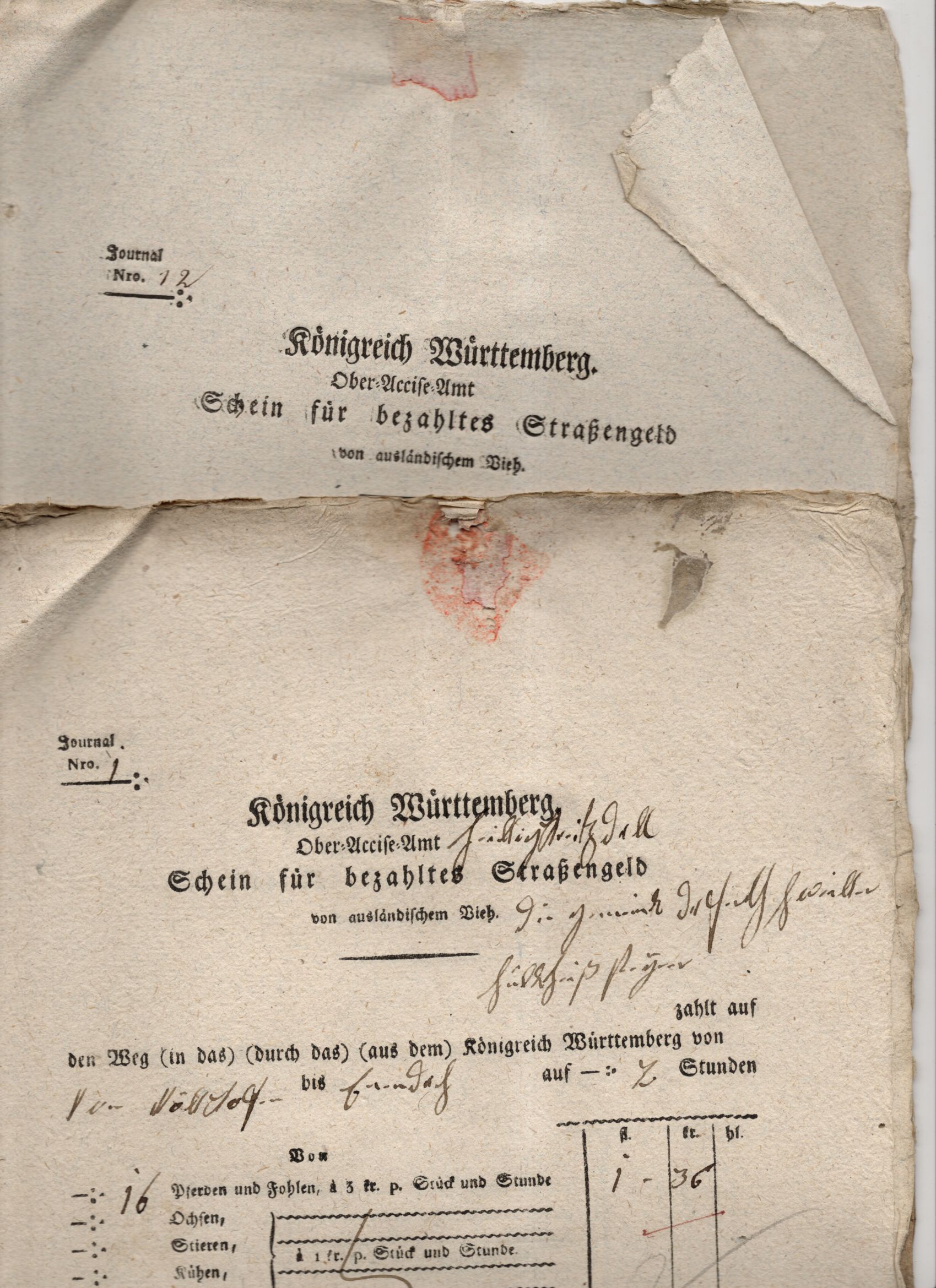 Schein für bezahltes Straßengeld Königreich Württemberg 1825 Dokumente