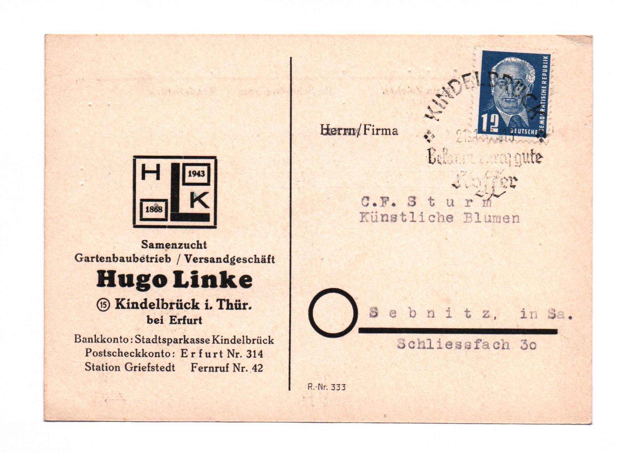 Postkarte Samenzucht Gartenbaubetrieb Versandgeschäft Kindelbrück Thüringen 1952 Postkarte Samenzucht Gartenbaubetrieb Versandgeschäft Kindelbrück Thüringen 1952