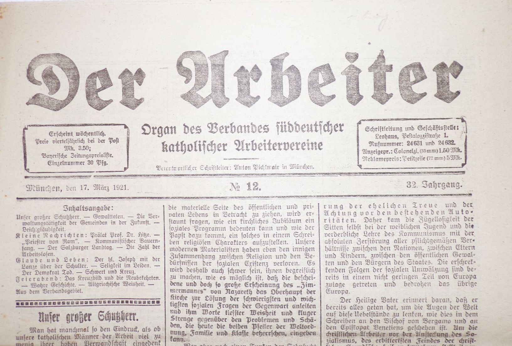 Alte Zeitung Der Arbeiter süddeutscher katholischer Arbeiterverein 12 von 1921 