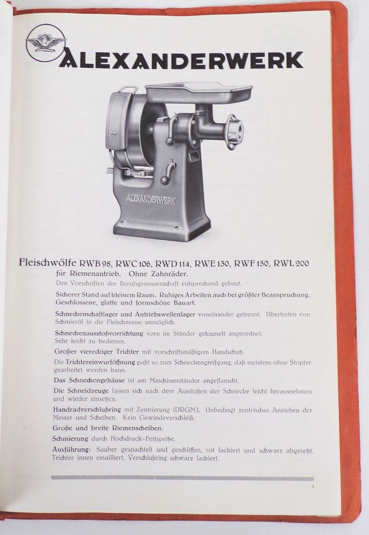 Alexanderwerk Fleischereimaschinen Metzger Fleischer 1937 Katalog