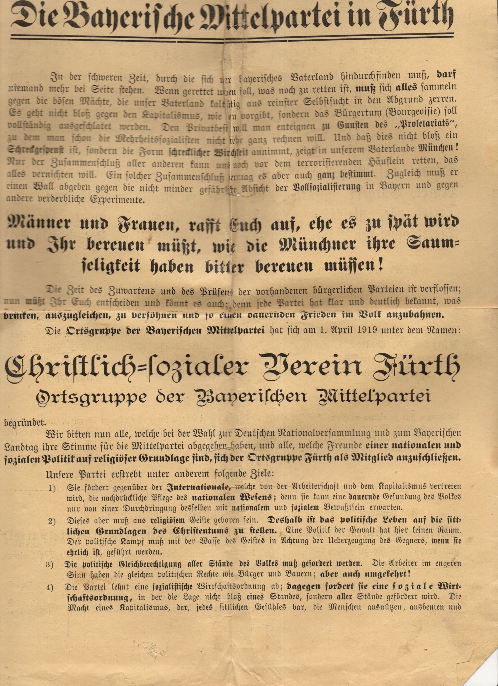 Flugblatt Christliche Sozialer Verein Fürth 1919 Bayerische Mittelpartei