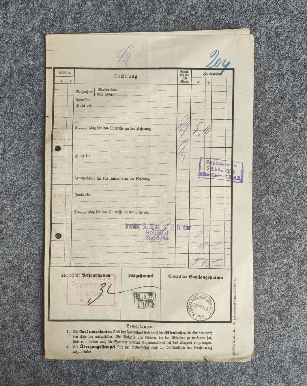Frachtbrief 1908 Grossherzogliche Hessische Eisenbahndirektion Frachtbrief 1908 Grossherzogliche Hessische Eisenbahndirektion