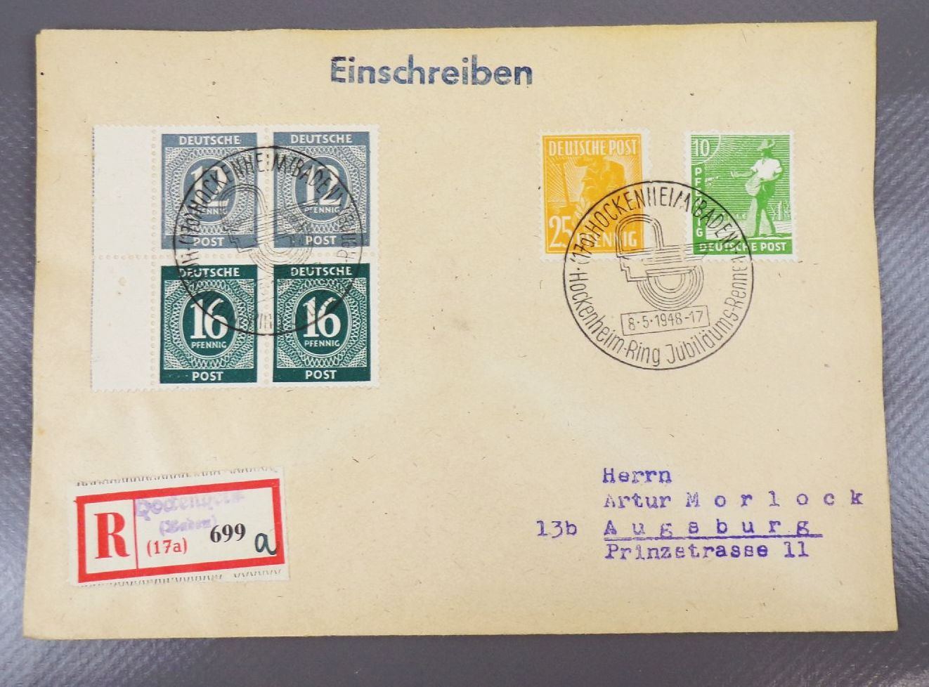 R Briefe Alliierte Besatzung halbes H Blatt 1948 Hockenheim Wiesbaden Lübeck München