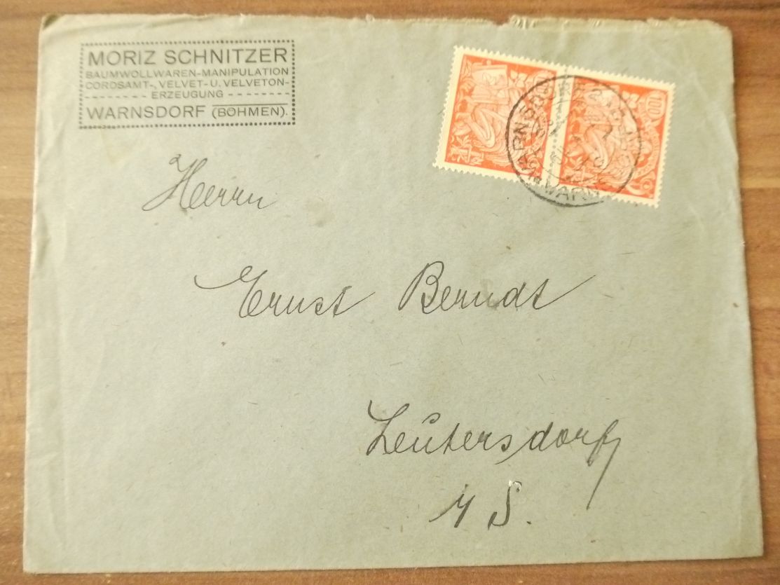 Firmenbrief Moriz Schnitzer Baumwollwaren Manipulation Brief Warnsdorf Böhmen