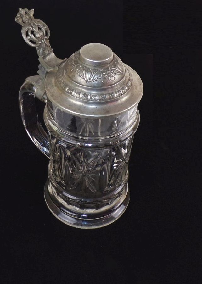 Alter Bierkrug Pressglas Zinndeckel Deko 
