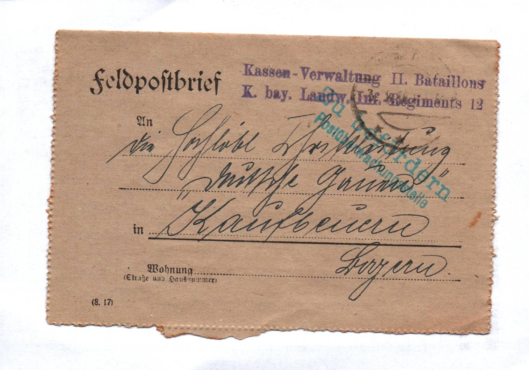 Feldpostbrief Kassen Verwaltung II Bataillon Bayern LW IR 12 Stempel 