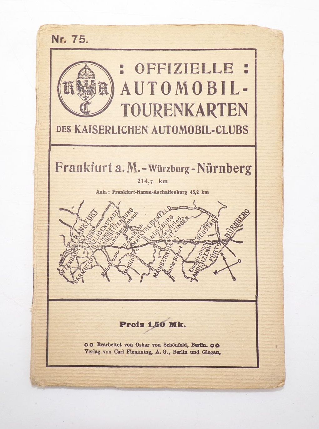 Automobil Tourenkarte Kaiserliche Automobil Club Frankfurt Main Würzburg Nürnberg