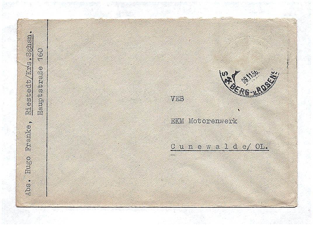 Briefkuvert 1956 Riestedt Krs Sangerhausen DDR Brief