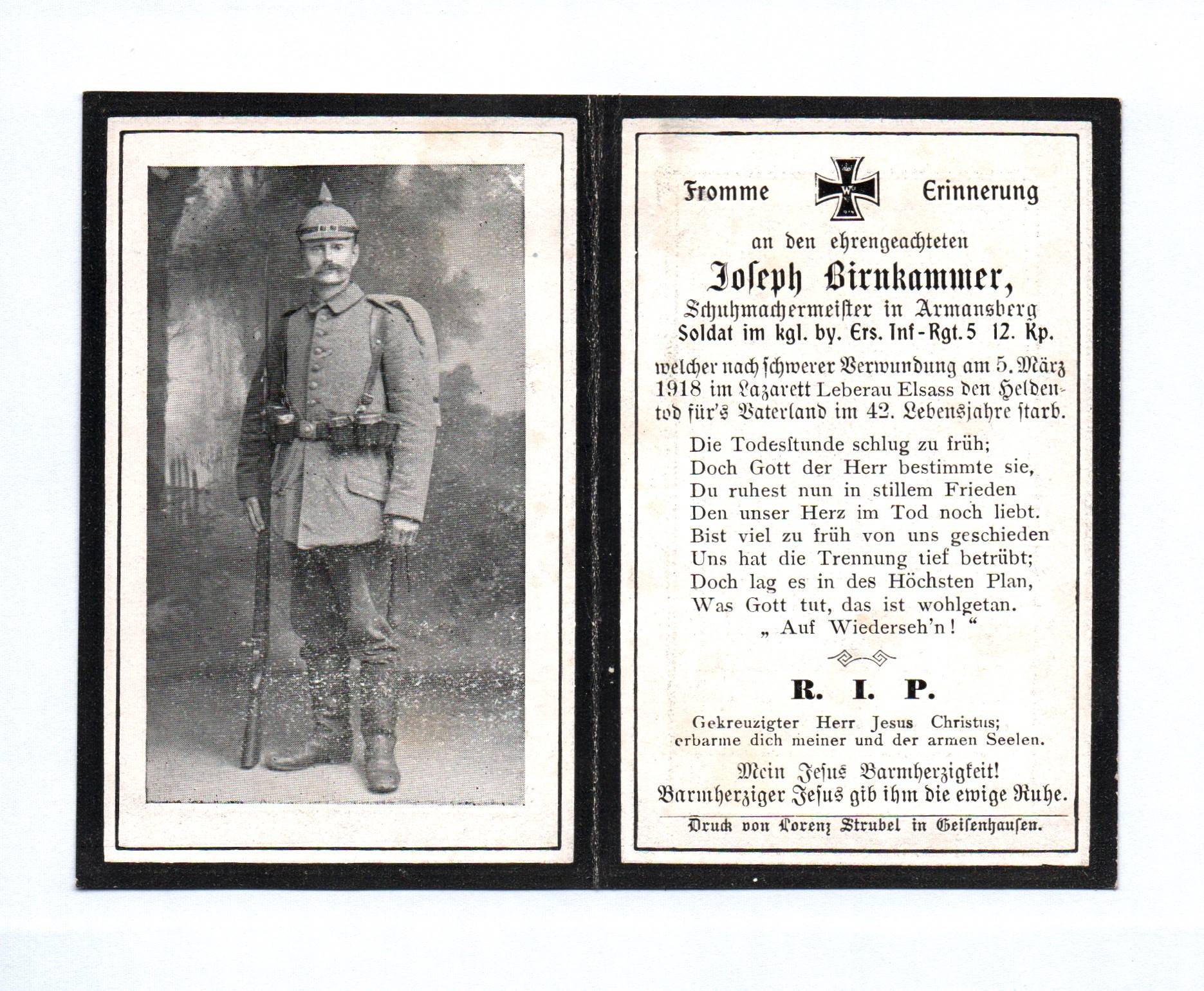 Sterbebild 1918 Soldat kgl Inf Rgt5 12Kp Armansberg