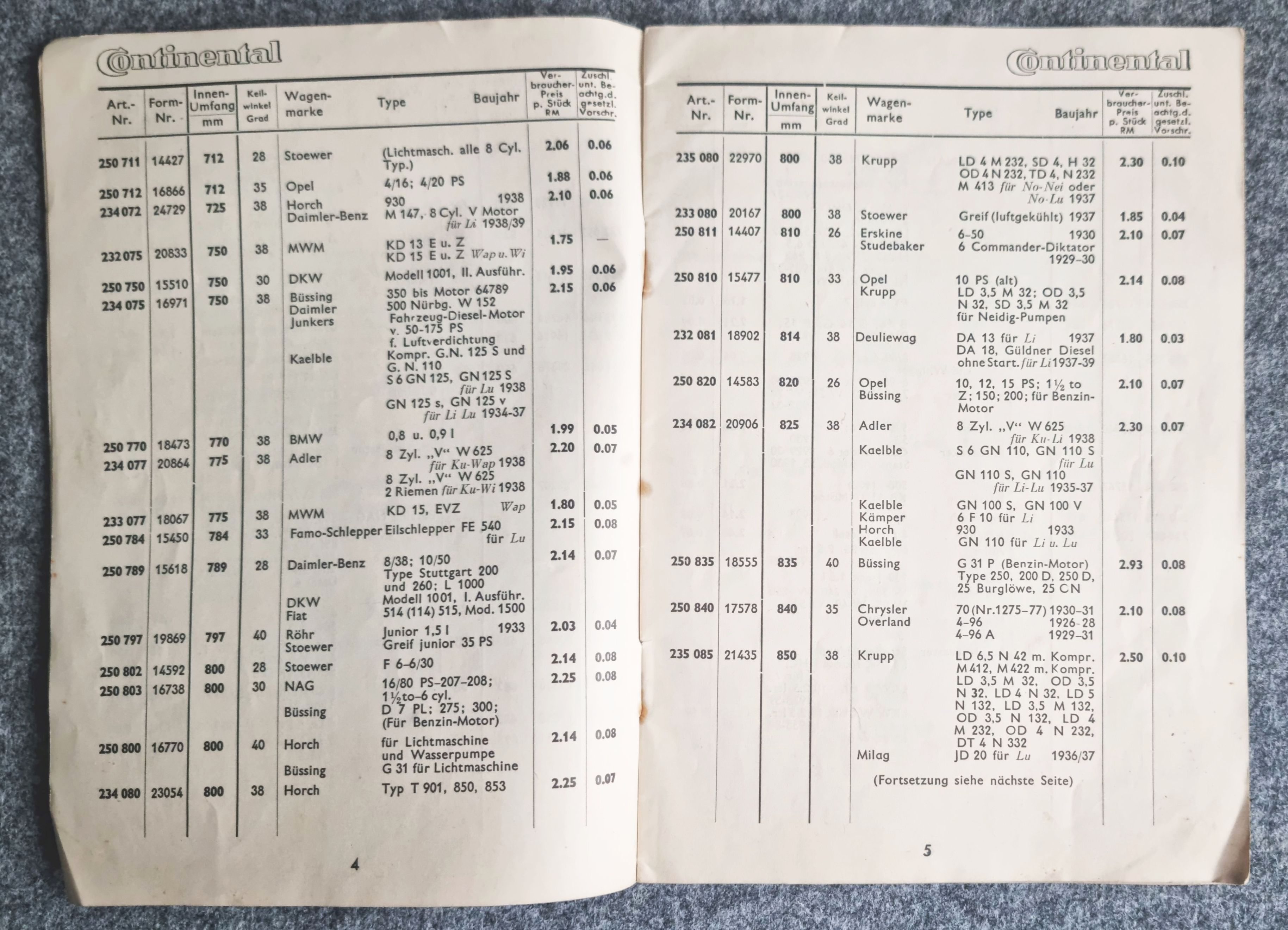 Preisliste für Continental Keilriemen 1939 Prospekt für Kraftfahrzeuge Preisliste für Continental Keilriemen 1939 Prospekt für Kraftfahrzeuge