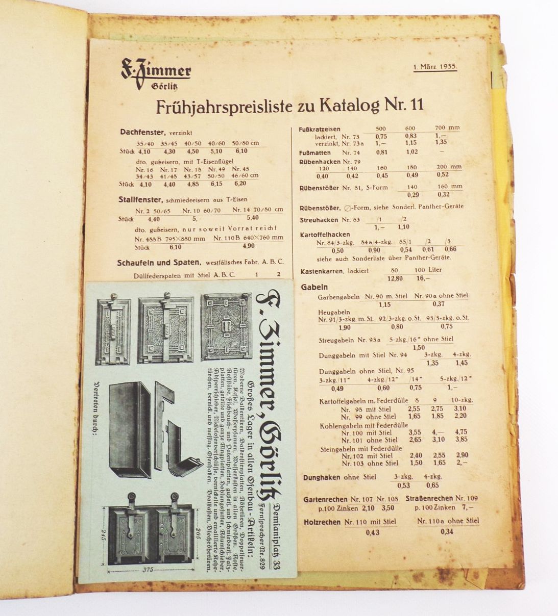Alter Katalog Zimmer Görlitz Eisenwaren Werkzeuge Stahlwaren Öfen 