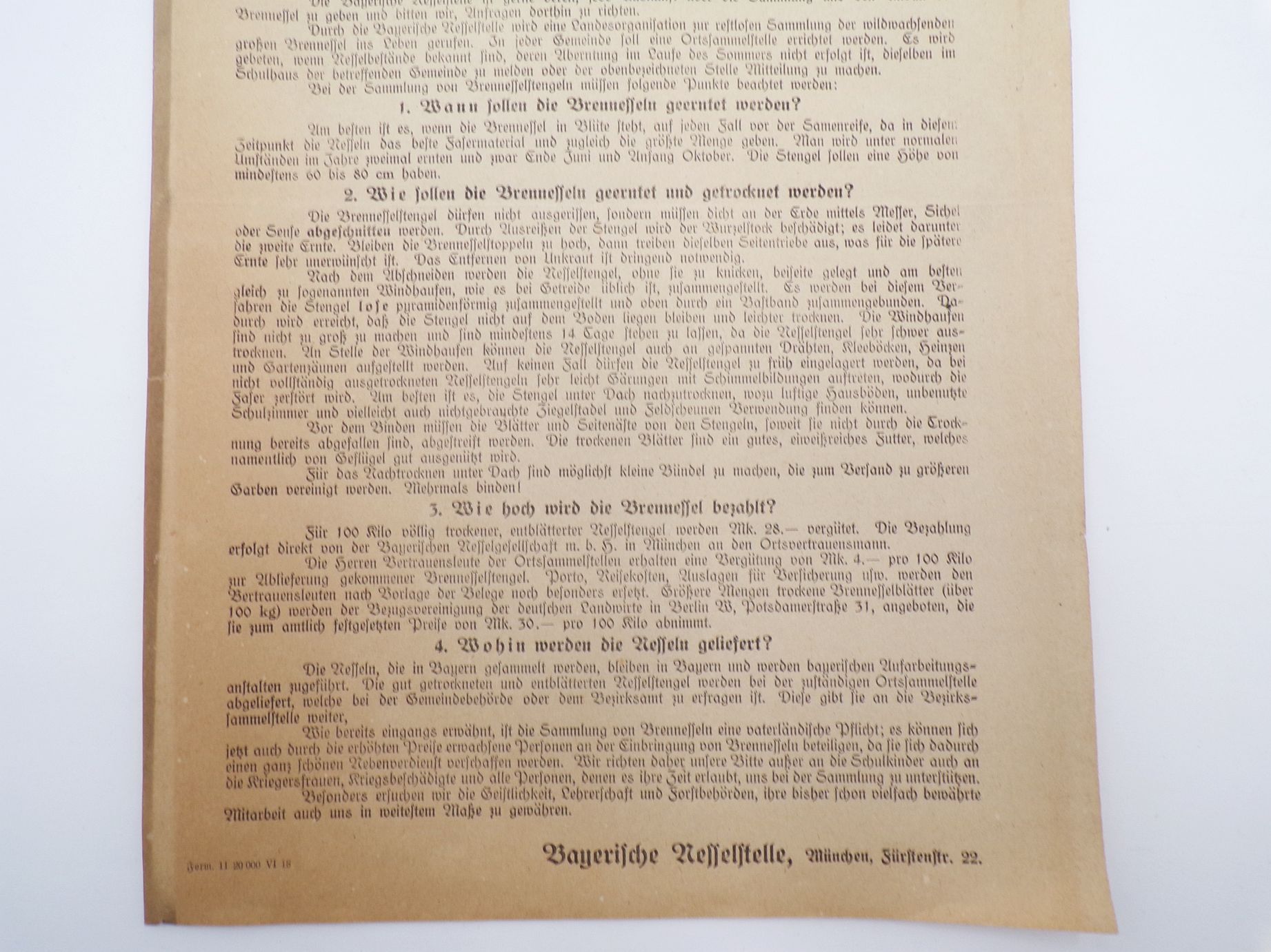 Aushang Flugblatt Sammelt Brennnessel Baumwolle ersetzen 1 Wk WW1