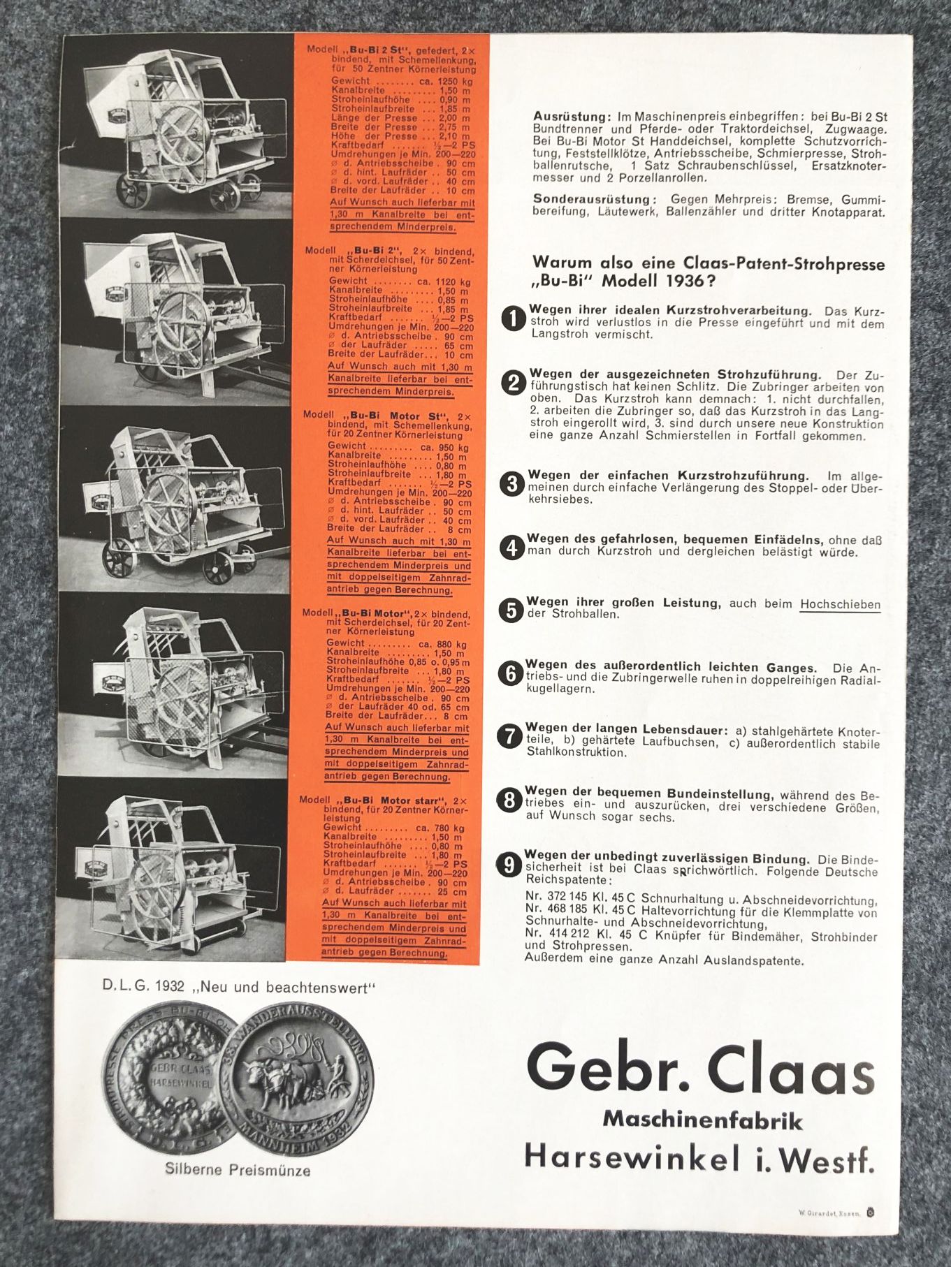 Prospekt Original Gebr Claas Patent Strohpressen BU BI Modell 1936
