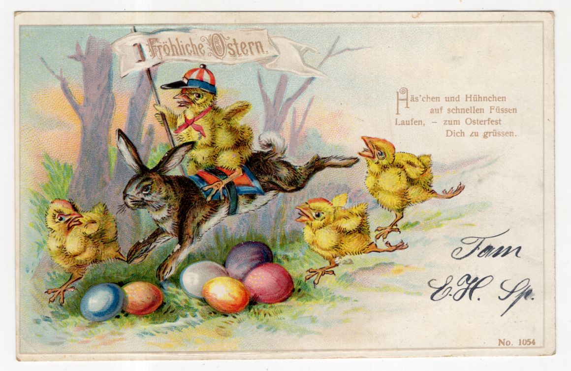 Litho Ak Küken reitet Osterhasen Ostereier fröhliche Ostern geprägt