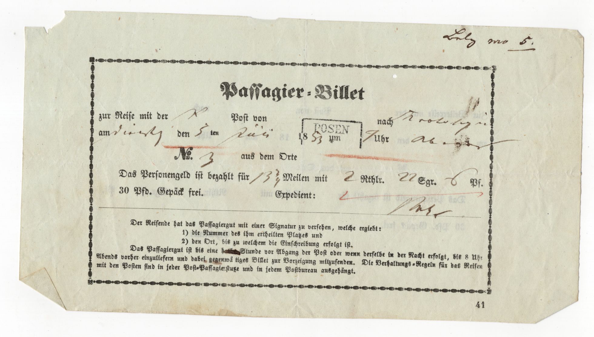 Passagier Billet Posen nach Krotoschin 1853 Dokument