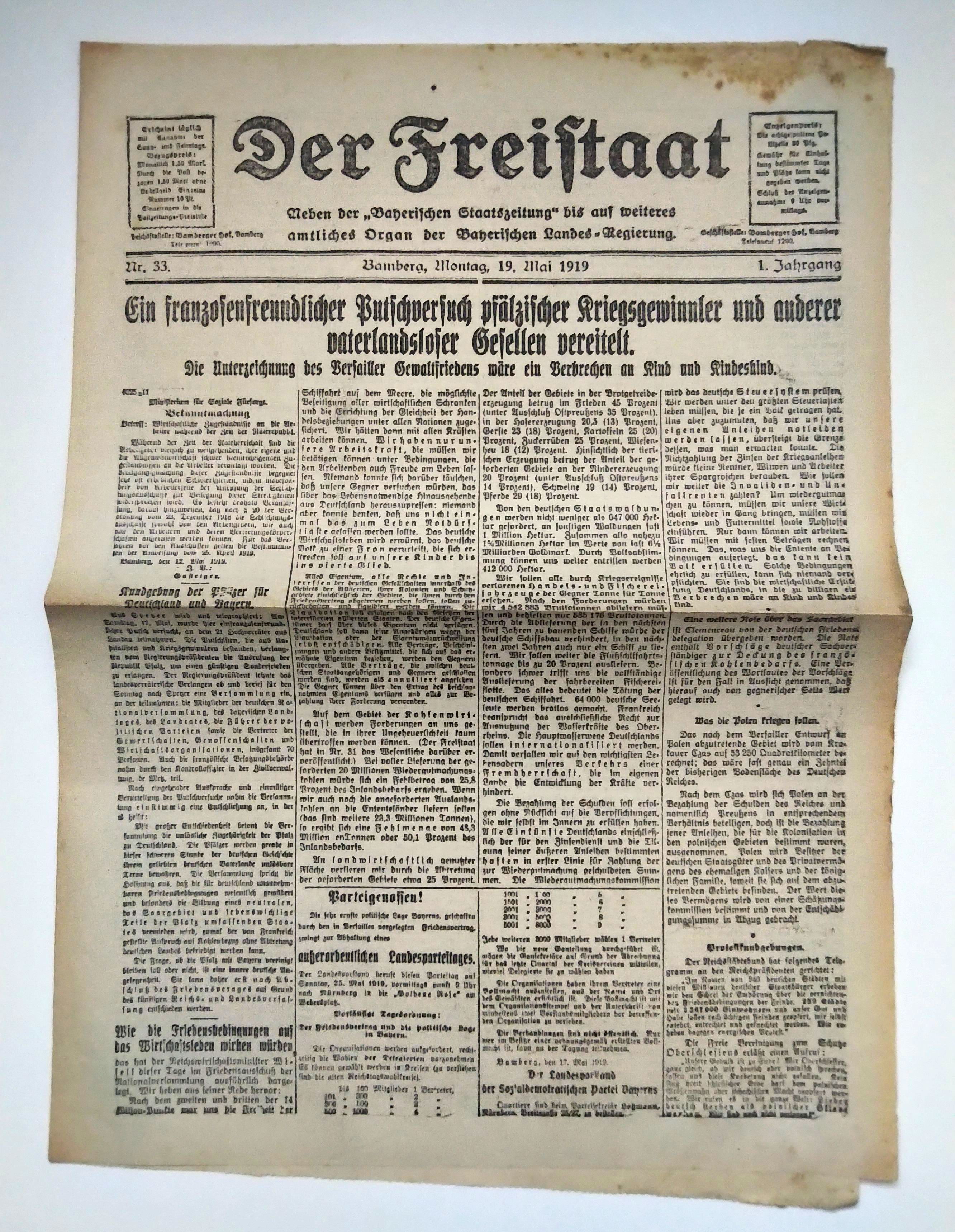 Der Freistaat Zeitung 1919 Nr 33 Putschversuch vaterlandsloser Gesellen vereitelt Der Freistaat Zeitung 1919 Nr 33 Putschversuch vaterlandsloser Gesellen vereitelt