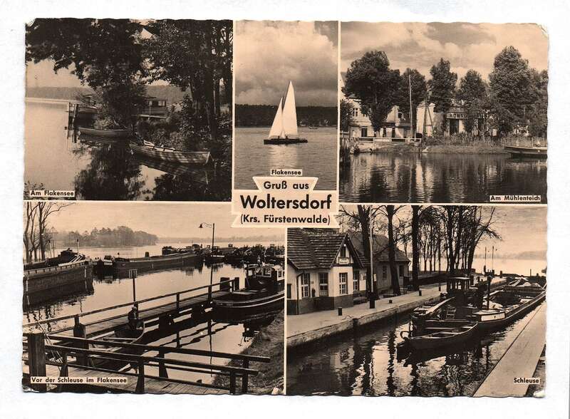Ansichtskarte Gruß aus Waltersdorf Krs. Fürstenwalde Flakensee Mühlenteich Schleuse DDR 1962