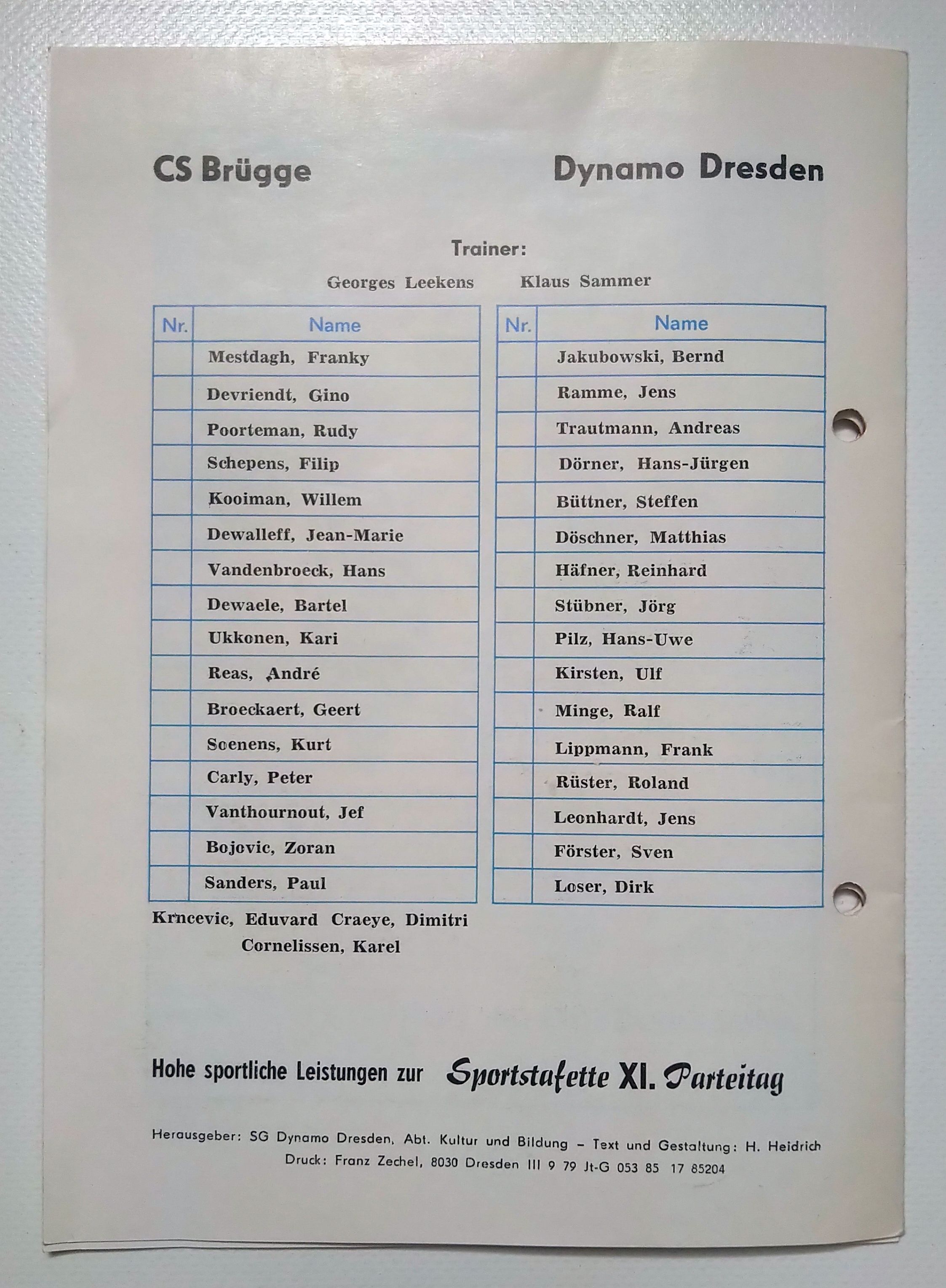 Fußball Programmheft CS Brügge - Dynamo Dresden 1985