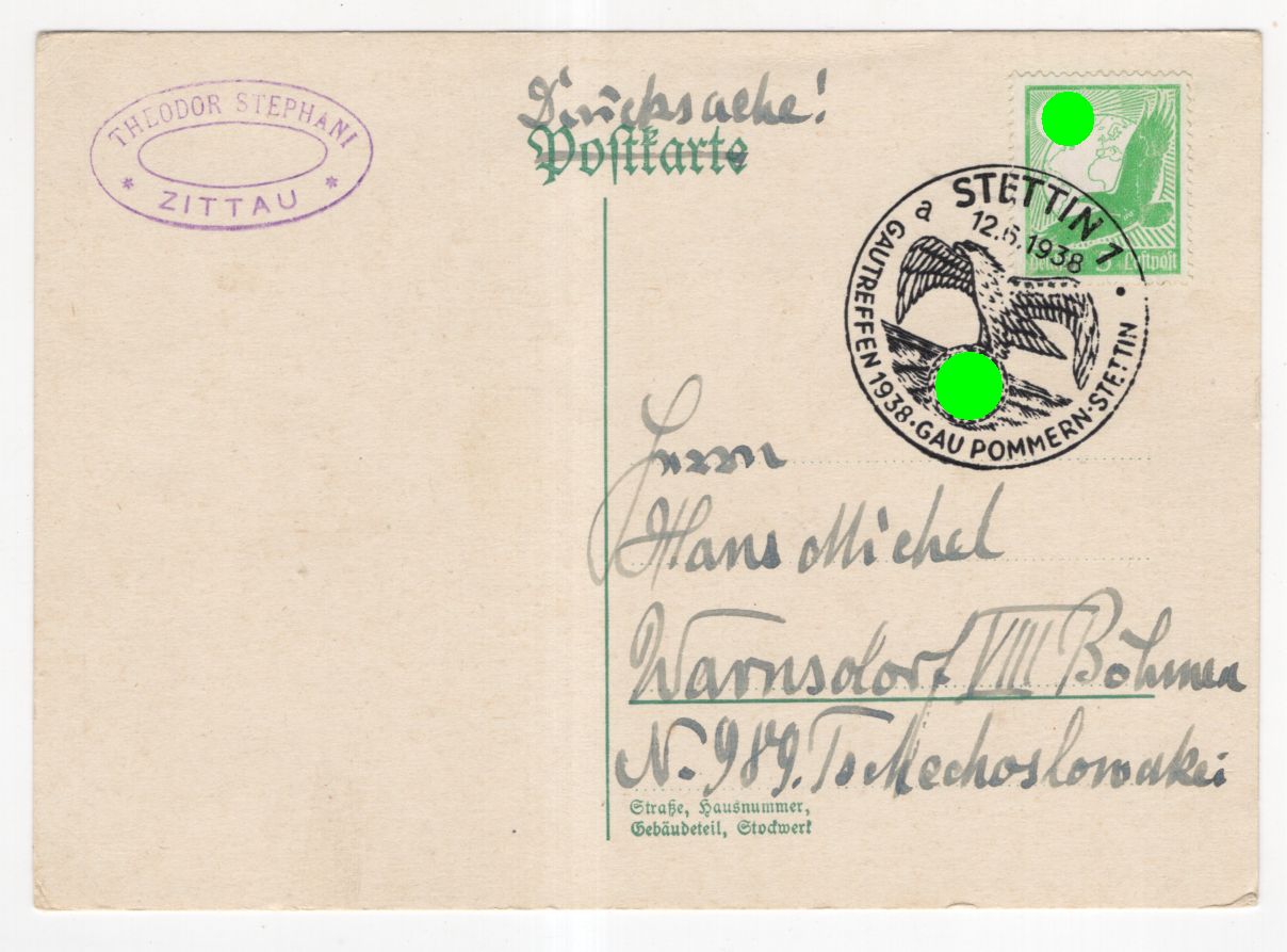 Postkarte Stettin Stempel 1938 Luftpost