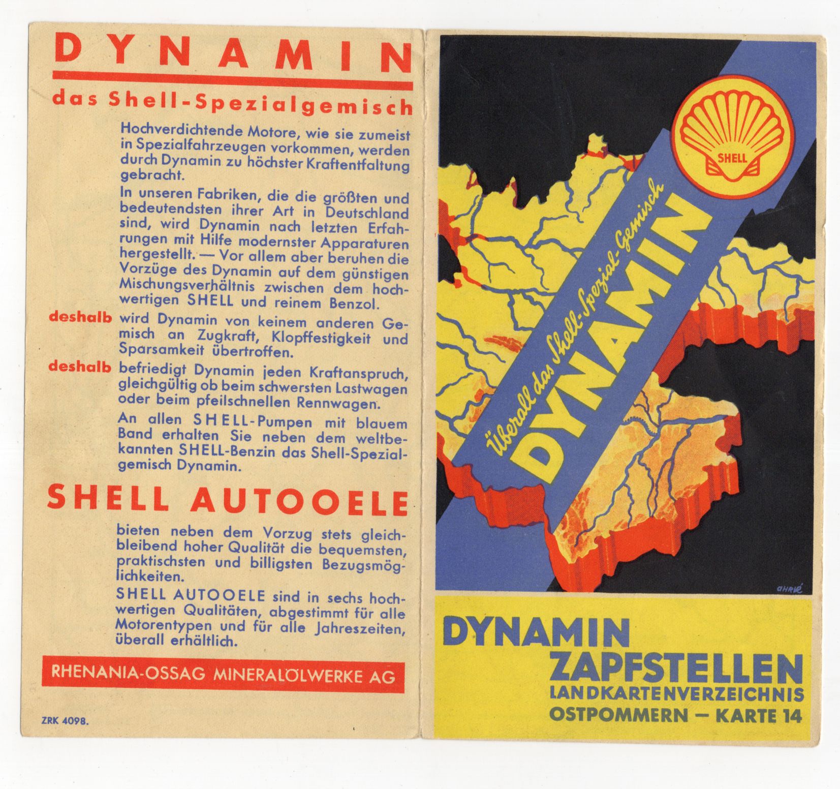Prospekt Shell Dynamin Zapfstellen Landkarte Ostpommern um 1930 Polen