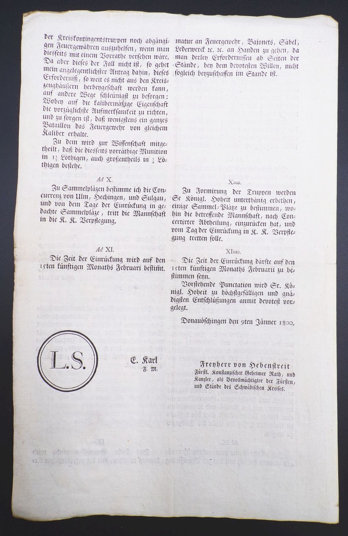 Dekret Freiherr von Hebenstreit Donaueschingen 1800 Truppen Stellung Militär