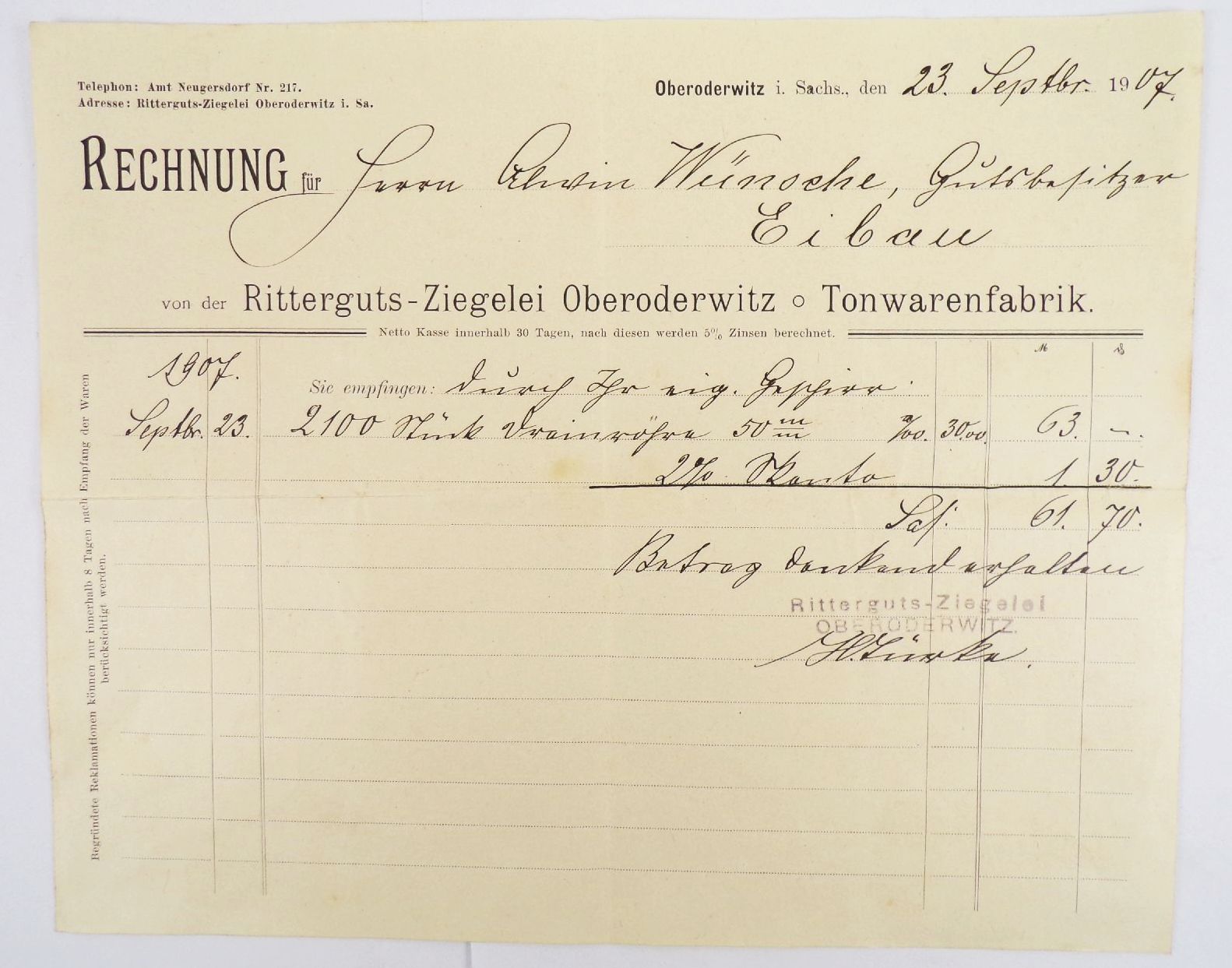 Rechnung Oberoderwitz Rittergut Ziegelei Tonwarenfabrik 3 Stück 1907