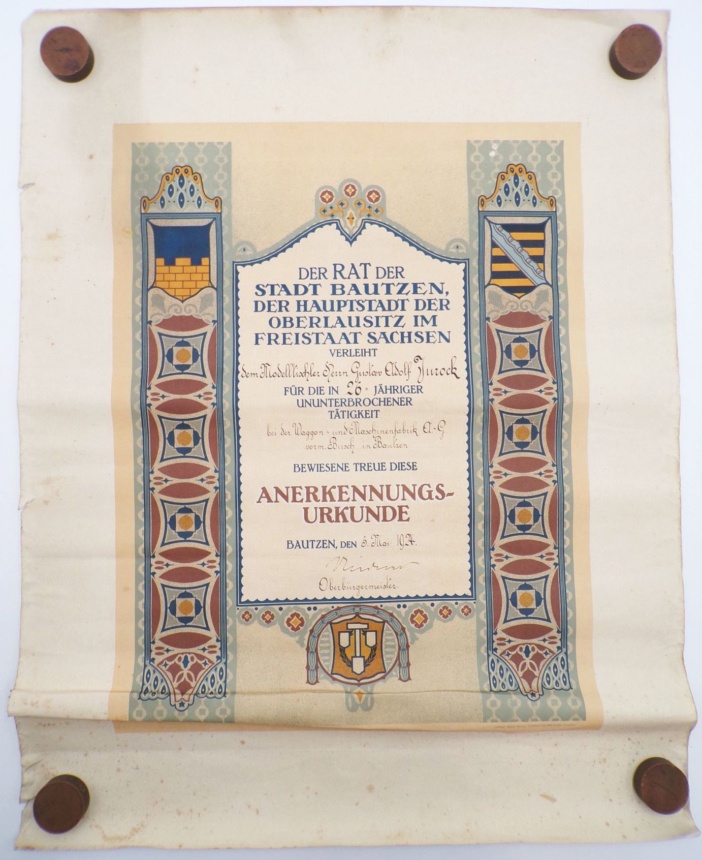 Urkunde Waggonbau Busch Bautzen 1924 