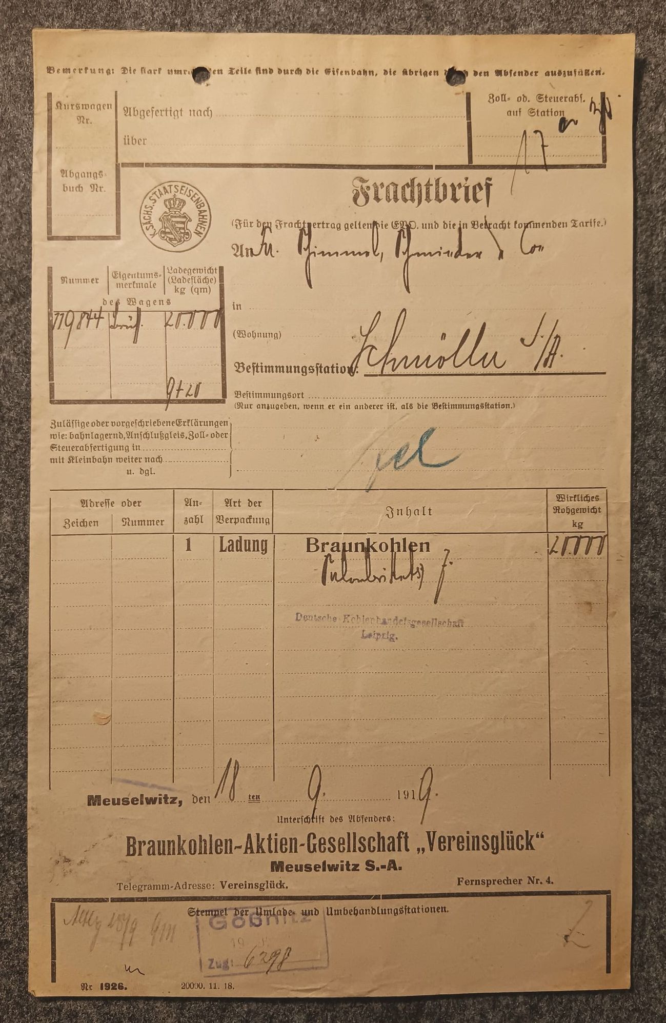 Frachtbrief alt 1919 Sächsische Staatseisenbahn Meuselwitz nach Schmölln