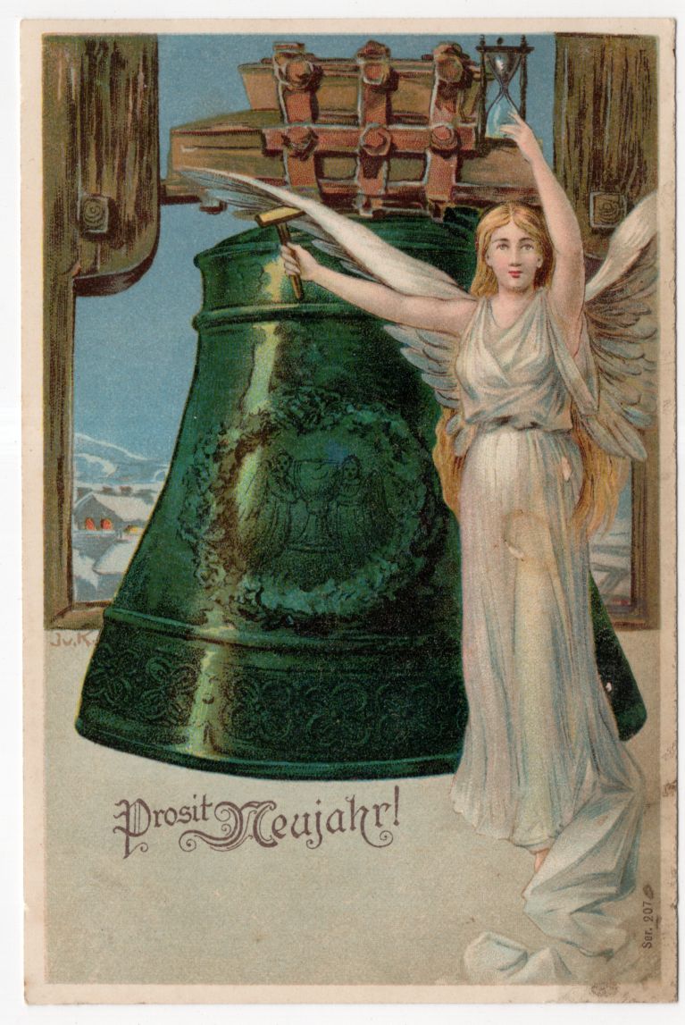 Litho Ak Neujahr Engel mit Kirchenglocke signiert um 1910 Jugendstil