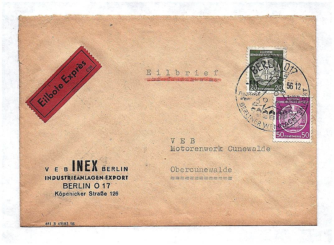 Eilbote Expres Eilbrief VEB INEX Berlin an VEB Motorenwerk Cunewalde 1956