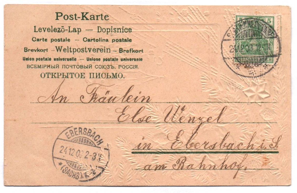 Postkarte Fröhliche Weihnachten Engel Tannenzweig Kirche 1903