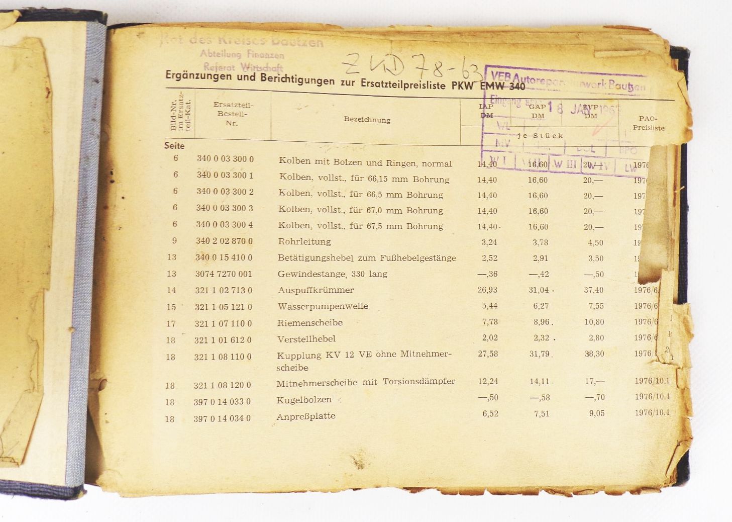 Alte Ersatzteil Preisliste PKW EMW 340 VEB Automobilwerk Eisenach Alte Ersatzteil Preisliste PKW EMW 340 VEB Automobilwerk Eisenach