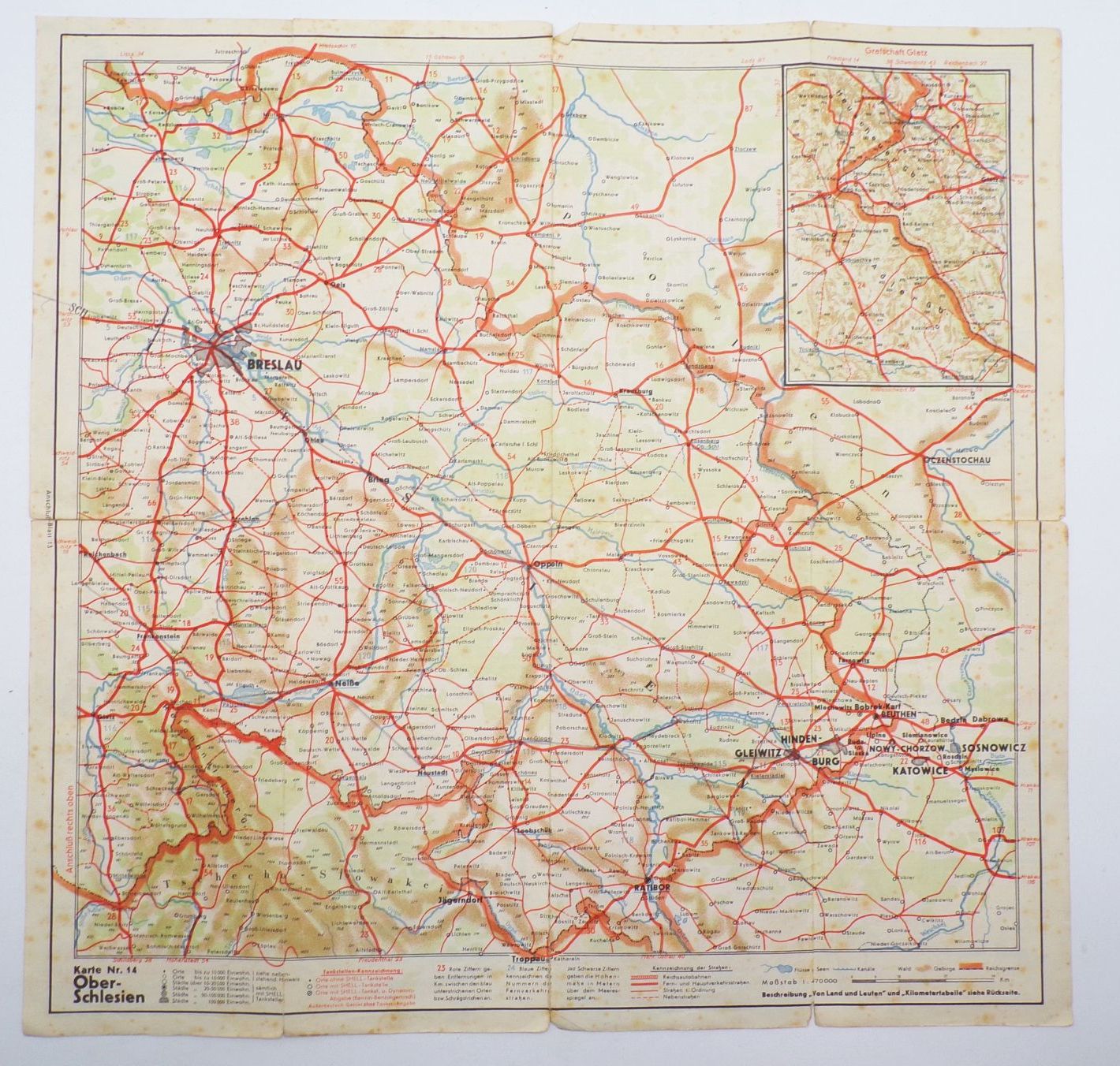 3 x Schlesien Landkarte von Shell um 1930 Oberschlesien Niederschlesien