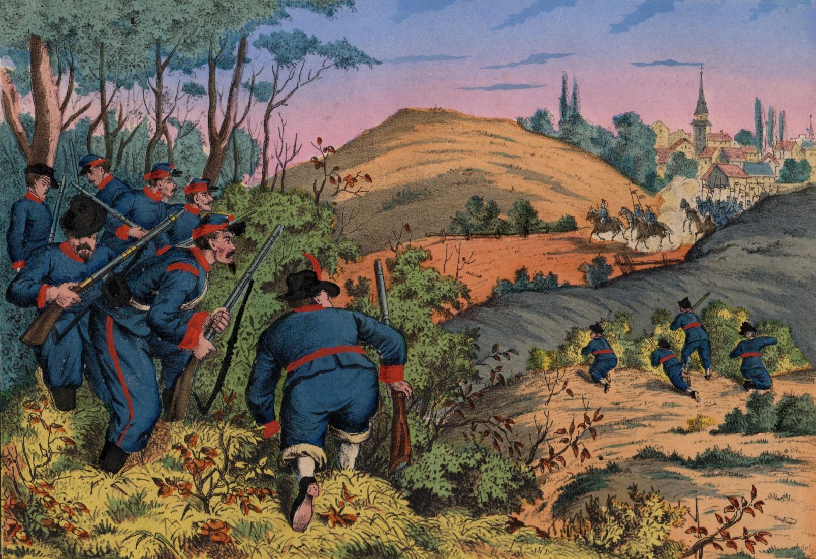 Lithografie Französische Freischützen im Hinterhalt um 1870 handkoloriert