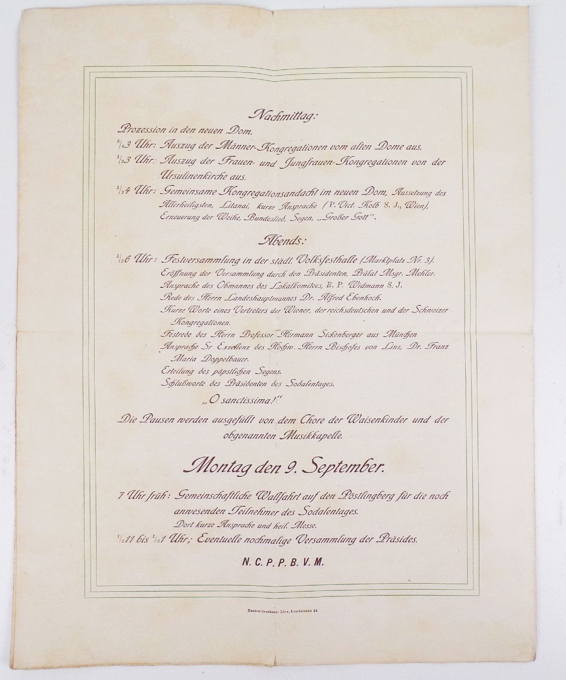 Programm Sodalen Tag in Linz 1904 Dr Franz M Doppelbauer Maria Empfängnis Dom