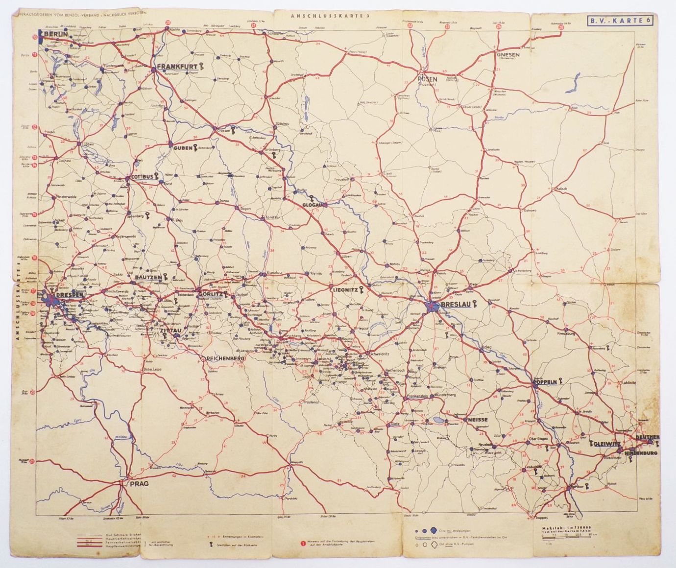 BV Aral Landkarte Schlesien Glatz Beuthen Breslau Glogau Görlitz 1930 er