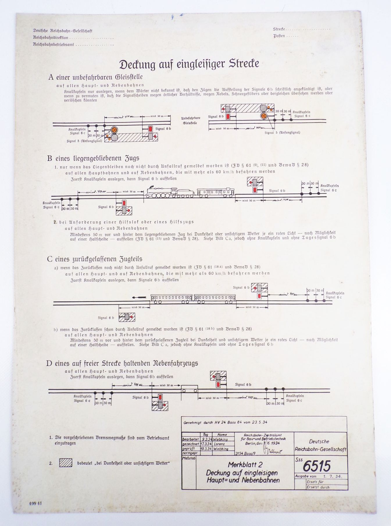 Altes Reichsbahn Schild Deckung auf eingleisiger Strecke 1934 Berlin Aushang