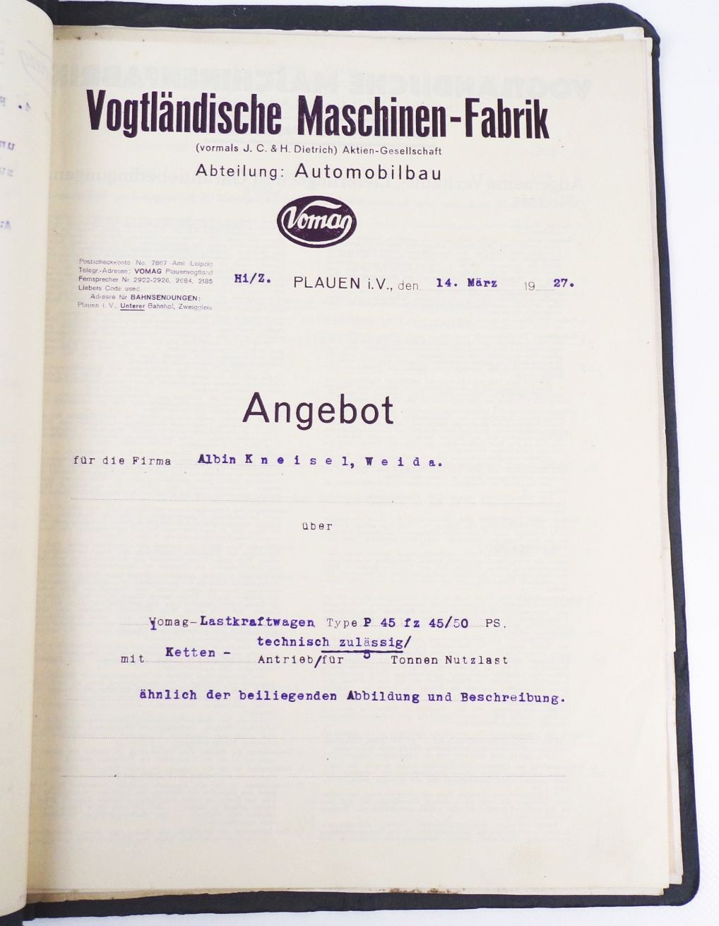 Vomag Plauen Automobil Lastkraftwagen Angebot 1927 Fotos Prospekte