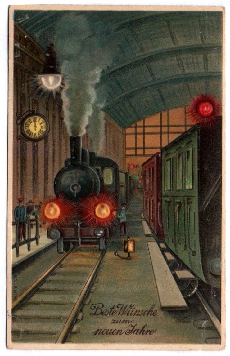 Ak Dampflok fährt in Bahnhof ein Neujahr geprägte Postkarte 1911