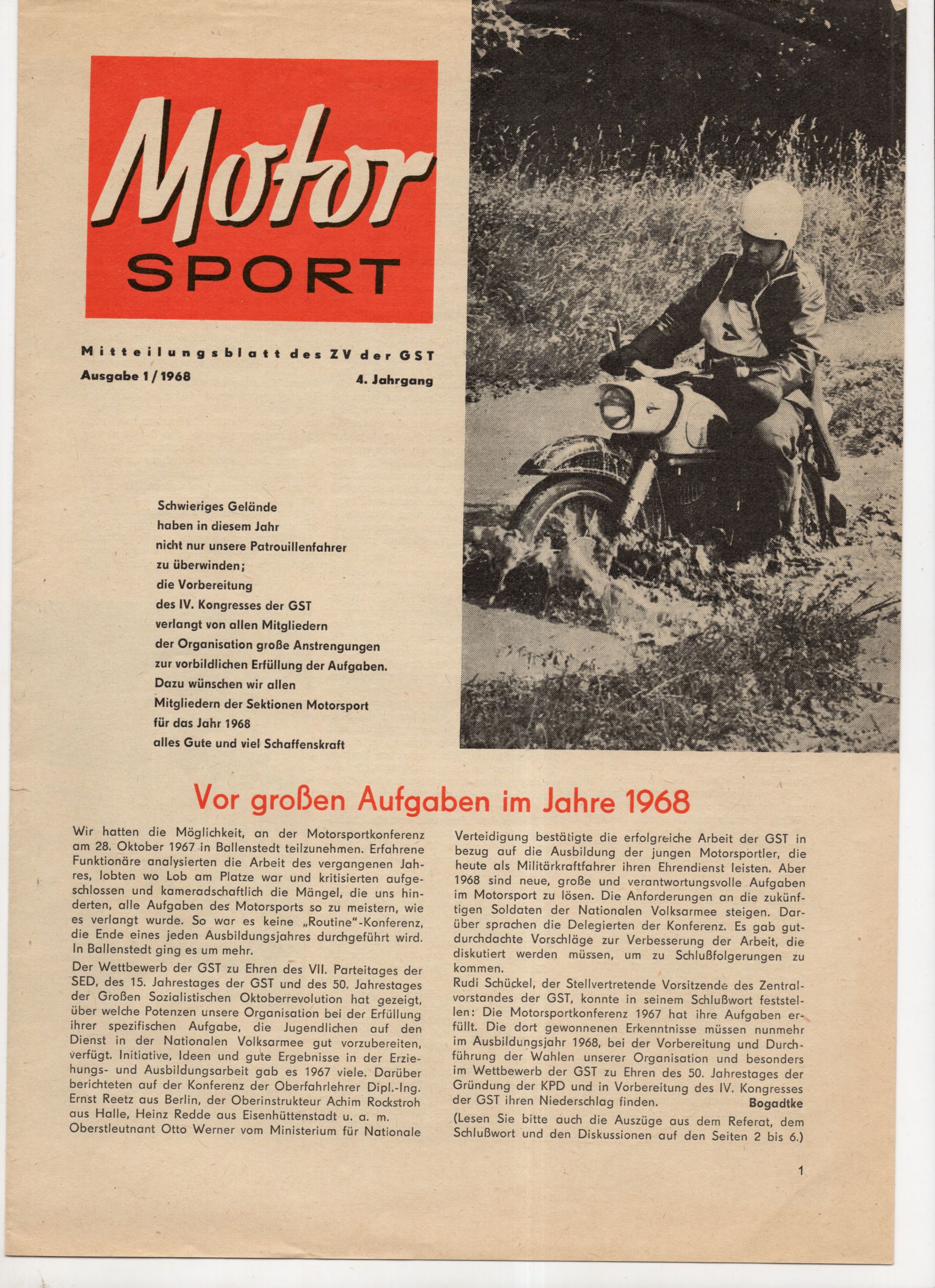 Motor Sport Mitteilungsblatt des ZV der GST Ausgabe 1 von 1968 DDR Zeitschrift