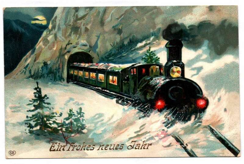Postkarte Dampflok in voller Fahrt Frohes Neues Jahr 1908