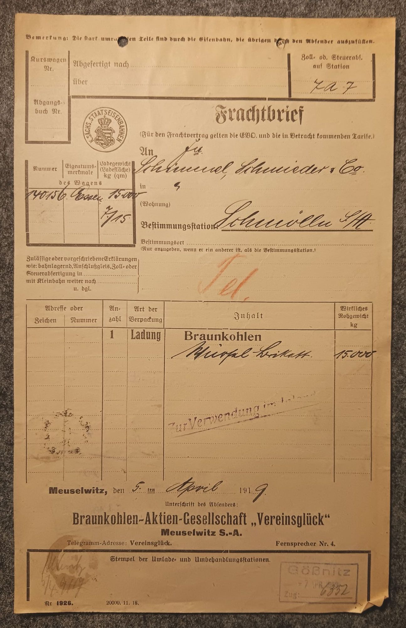 Braunkohlen Aktiengesellschaft Meuselwitz nach Schmölln Frachtbrief mit Marken 1919