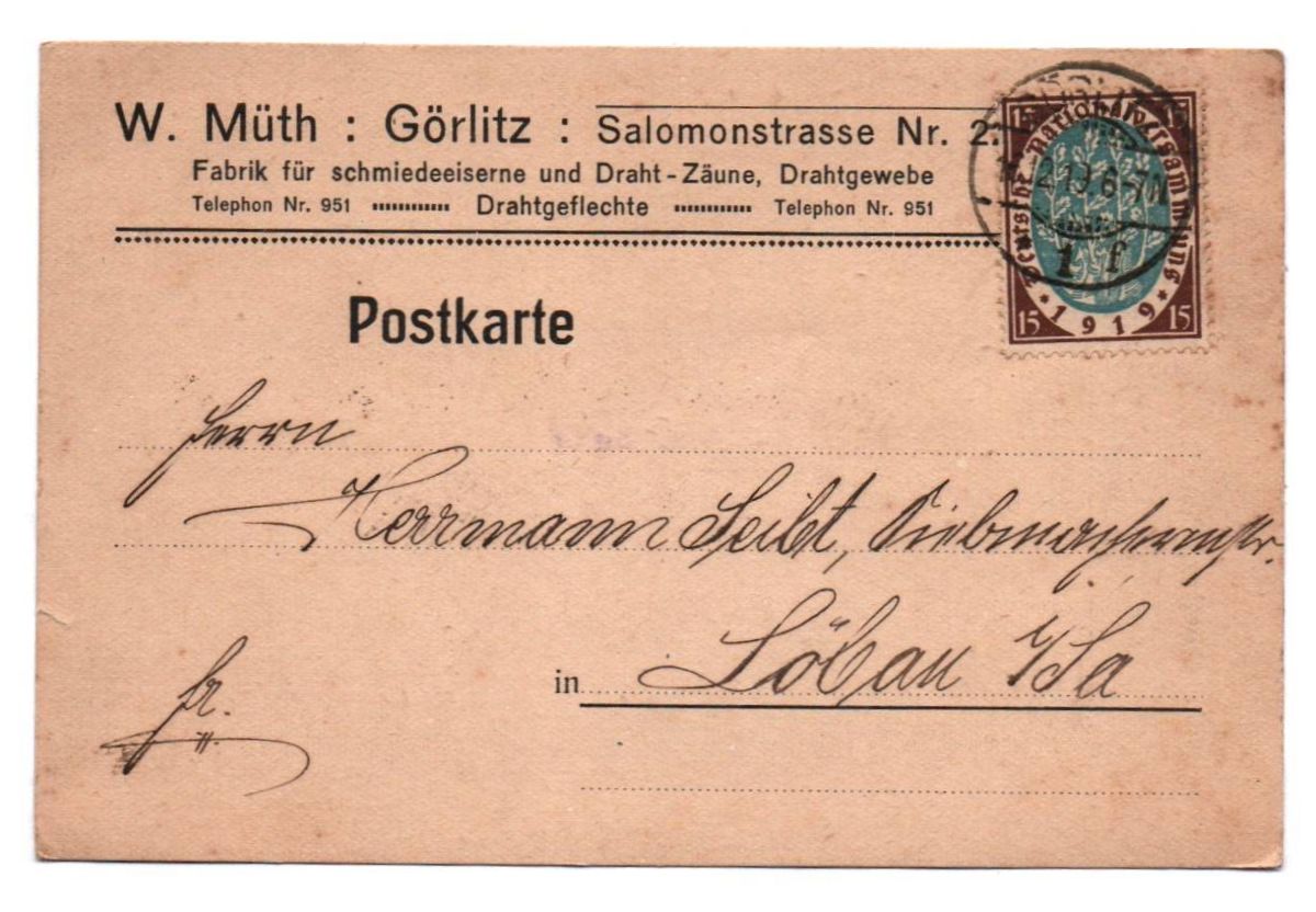 Postkarte Müth Görlitz Drahtzaun 1919 Reklame