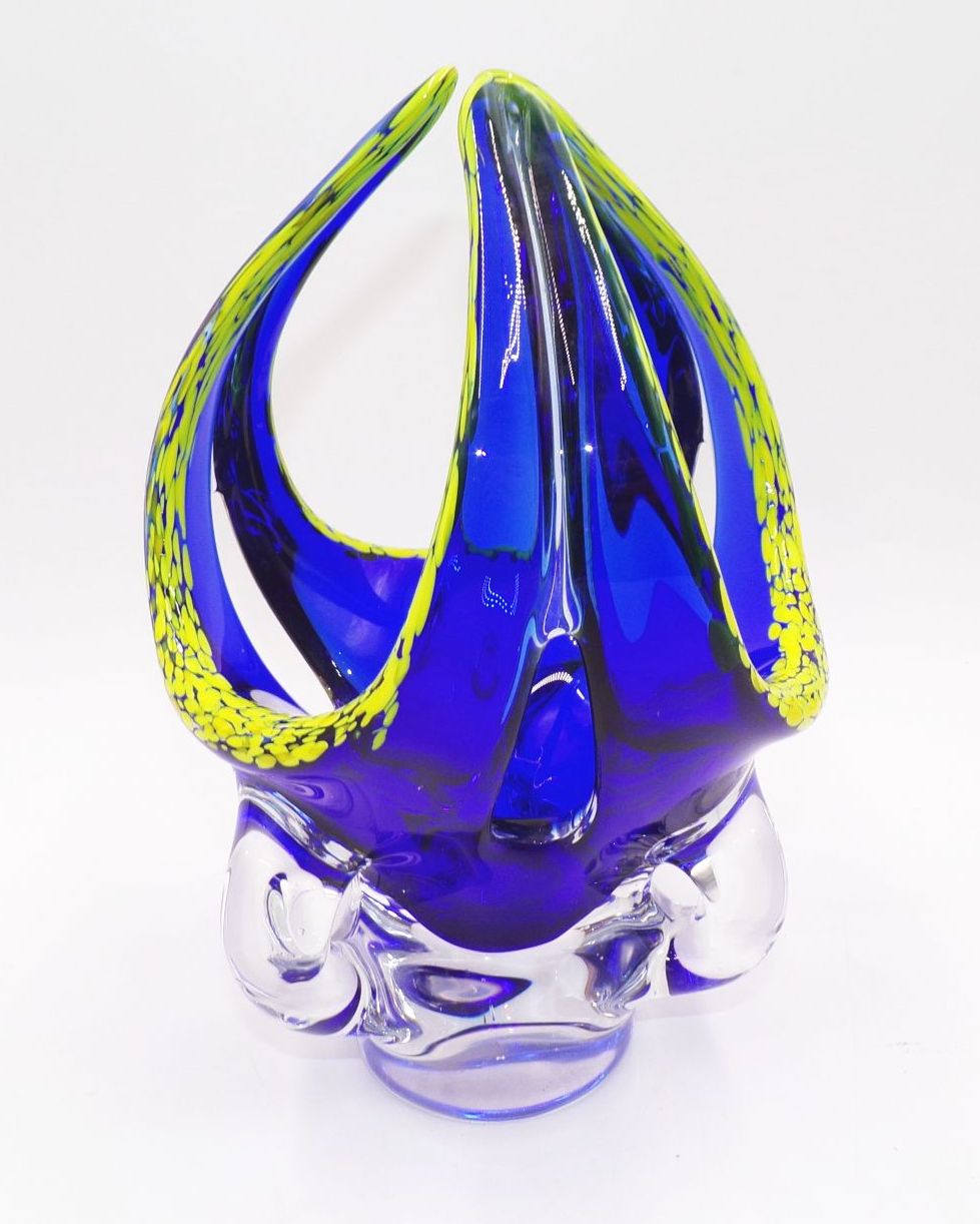 Alte Glaskorb Schale Glas blau gelb Alte Glaskorb Schale Glas blau gelb